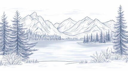 Fototapeta premium Detailed line drawing of a snowy mountain lake scene.