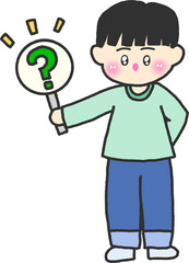 Boy Holding Question Sign – Curious Child with Hand Drawn Question Mark Illustration PNG