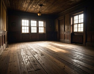 Empty, sunlit room with wooden floors and walls
