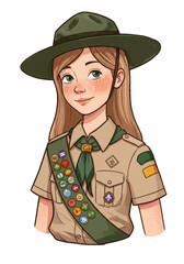 Illustration Portrait of a Girl Scout in Uniform with Badges