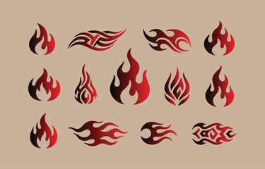 Collection of stylized flame and tribal fire designs in red and black gradient perfect for tattoos logos or graphic elements