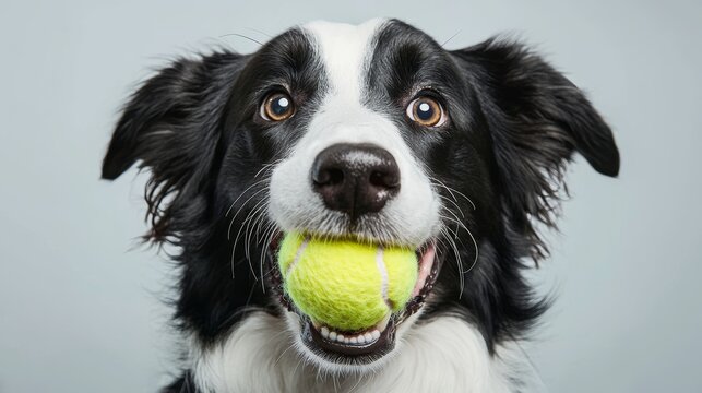Playful Border Collie Dog Holding Tennis Ball