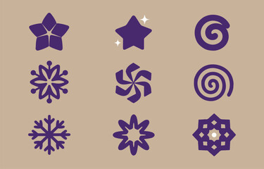A collection of nine stylized purple geometric and floral icons including stars snowflakes and spirals arranged in a three by three grid on a neutral beige background
