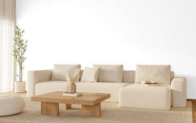 Scandinavian interior corner with beige sofa and wood coffee table – Transparent Wall Mockup with...