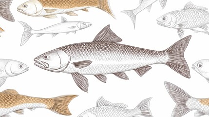 Obraz premium Detailed illustrations of various fish species in a seamless pattern.