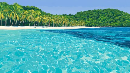 Tropical beach scene with lush greenery and turquoise water.