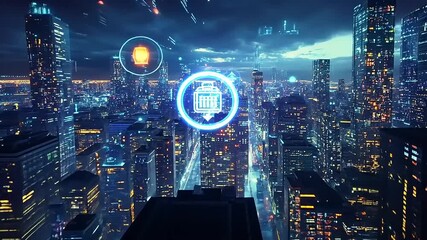 Futuristic city skyline at night with glowing technology icons and vibrant lights - Powered by Adobe