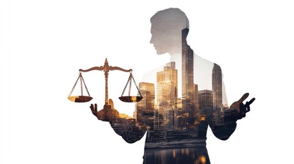 Double exposure of businessman holding scales of justice against city skyline.
