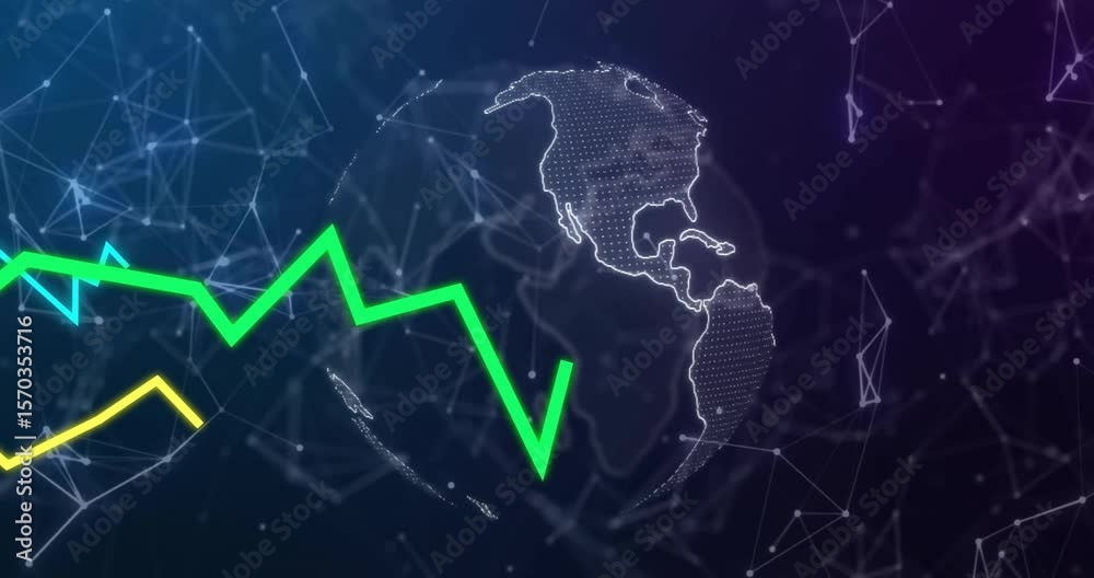 Poster nodes initiating rotating globe emerging line graphs sliding and undulating for data visualization