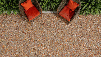 Elegant pebble mosaic floor with wicker armchairs