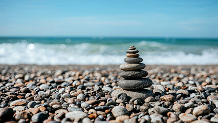Serene pebble stack on tranquil beach with ocean blur