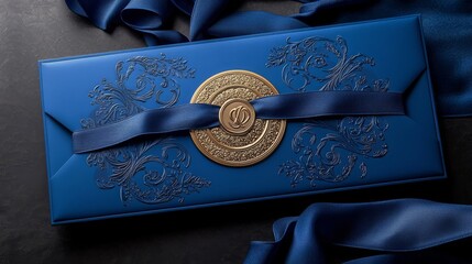 Customizable invitations with a sophisticated blue and gold monogram theme.