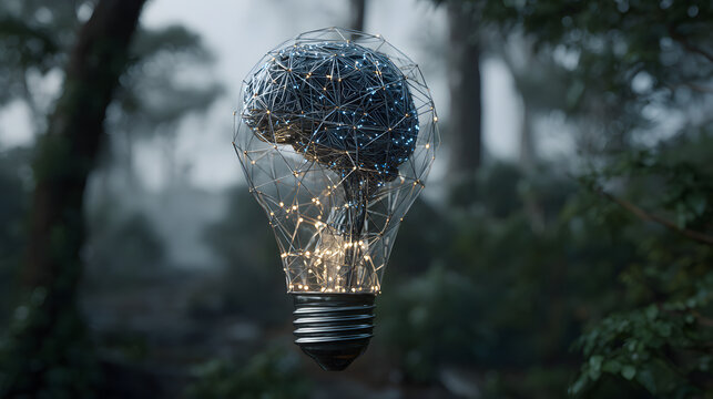 Abstract representation of brain inside illuminated light bulb in nature - Powered by Adobe