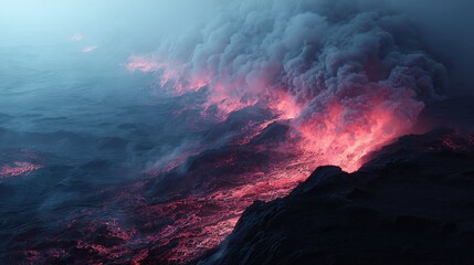 Fototapeta premium Fiery lava flow meets ocean waves with smoke plumes fire