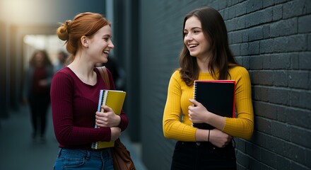 Two cheerful female students, holding notebooks, smile and chat in a hallway.