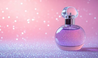 A bottle of perfume is sitting on a table with a pink background