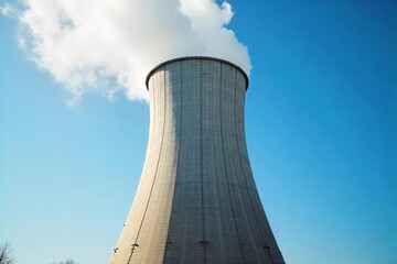 Efficient Industrial Cooling Tower on Sunny Day  Large-Scale Heat Dissipation System Generating White Vapor Against Blue Sky.  Sustainable Energy Technology in Action.