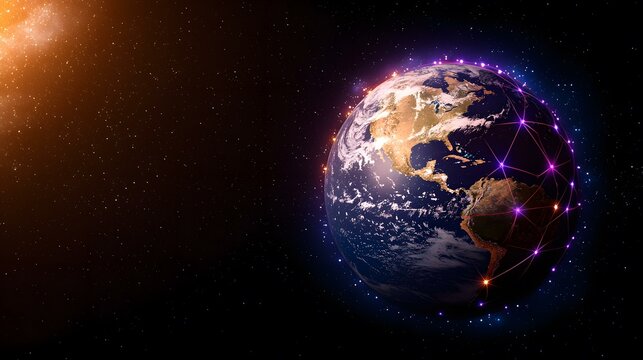 The image shows a stylized representation of planet Earth from space, with a network of glowing lines connecting points around its surface, suggesting global interconnectedness.  A bright light sourc