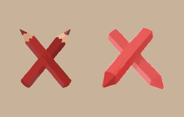 Fototapeta premium Two red colored pencils crossed to form an x shape on a neutral background one pencil is sharp and the other is blunt