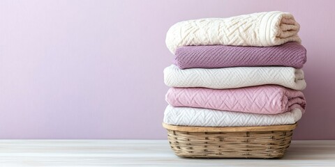 A basket of towels is piled on top of each other