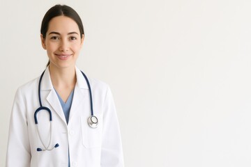 Young Female Doctor in White Lab Coat with Stethoscope Standing Against a Plain Background Smiling Confidently at the Camera