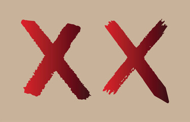 Obraz premium Two bold red brush stroke xs are painted diagonally on a muted tan background symbolizing a cross out or incorrect mark