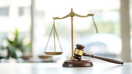 Justice scales and gavel on table.