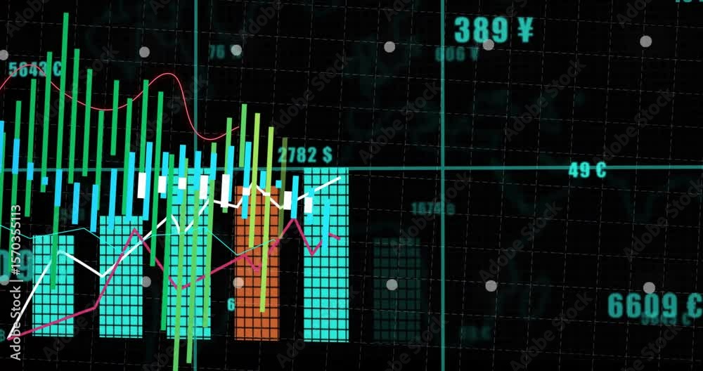 Poster grid loading initiating financial chart growing bars tracing trends updating labels showing metrics