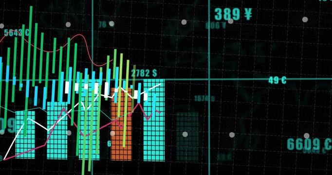 Grid loading initiating financial chart growing bars tracing trends updating labels showing metrics