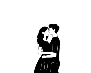 Silhouette of romantic couple hugging. Vector black and white illustration of man and woman in love, perfect for dating, Valentine’s Day, relationship, or romantic concepts