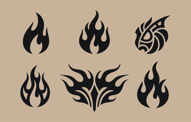 Collection of six stylized black flame tribal tattoo designs and graphic elements on a neutral beige background symbolizing energy and power