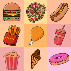 Vector illustration set of cartoon-style fast food items including burger, pizza, hot dog, fries, soda, popcorn, chicken, donut, and ice cream. Perfect for food content, menus, and kids