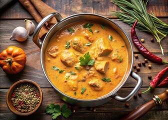 Warm aromatic spices and melted rich creamy butter chicken sauce simmering in a large cooking pot on a stovetop
