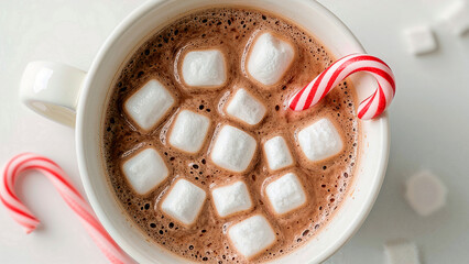 Festive peppermint hot cocoa with marshmallows and candy cane