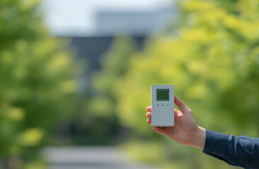 Person holds modern device green outdoor setting, surrounded trees and soft sunlight, conveying sense of technology