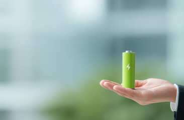 Person holds green battery their hand, symbolizing energy and sustainability modern environment. background is blurred