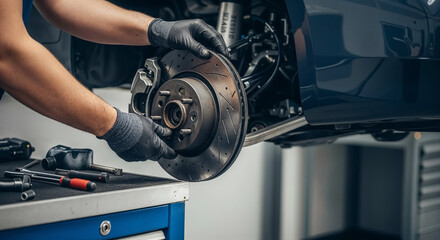 Mechanic replacing brake disc on car in auto repair shop