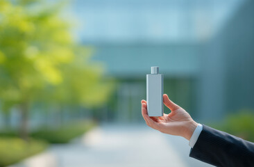 Person holds sleek, silver bottle modern outdoor setting, surrounded greenery and soft natural light. scene conveys sense