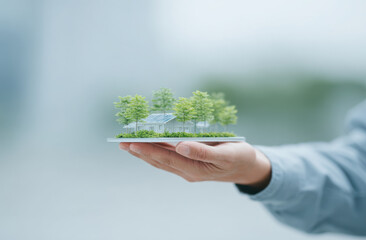 Hand holds miniature model of sustainable house surrounded trees, symbolizing eco friendly living and innovation