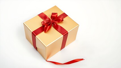 Obraz premium Luxurious gold gift box adorned with a red ribbon, elegantly presented on a pristine white surface.