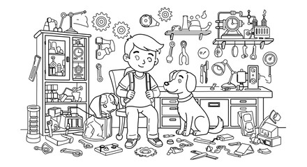 Obraz premium Coloring page of a boy with his dogs in a workshop filled with tools and equipment for creative projects