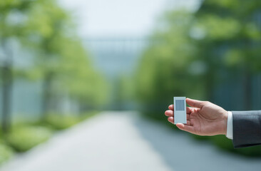 Person holds small device in green outdoor setting, surrounded trees and pathway, conveying sense of technology and nature