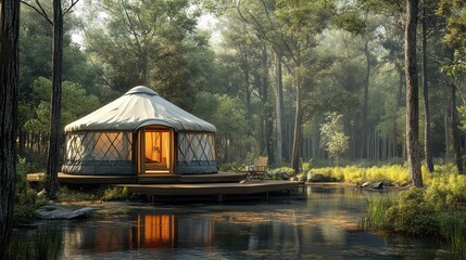 Secluded Yurt Retreat at Waterside Embraced by Forest Serenity and Tranquility
