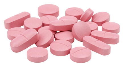 Pile of Pink Pharmaceutical Pills Medicine for Healthcare on Transparent