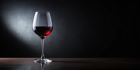Elegant red wine glass sitting alone on a dark black background with subtle reflections