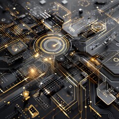 Futuristic Circuit Board Design with Golden Traces