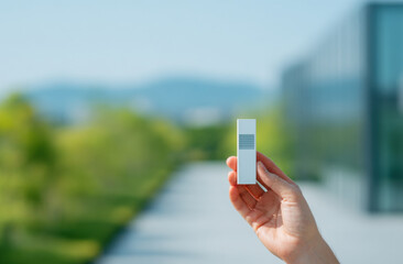 Modern device held in hand against blurred outdoor background, showcasing technology and innovation in serene environment