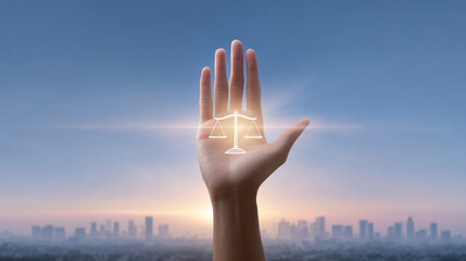 Hand holding scale symbolizing justice against city skyline at sunset, representing balance and fairness in society