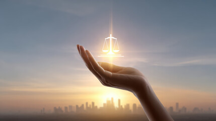 Hand holds glowing scale symbol against sunset skyline, representing justice and balance