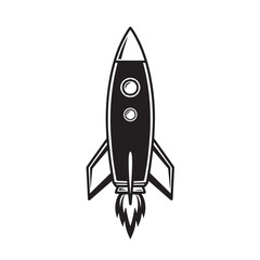 Black and white vintage art illustration of a classic rocket ship with simple geometric shapes and a retro aesthetic